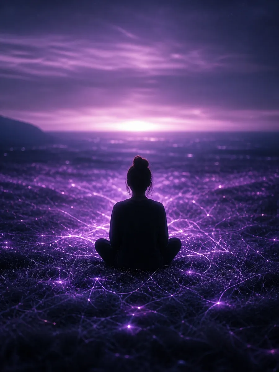 Meditative silhouette in violet energy field